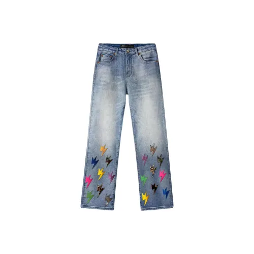 Amexnocap Lightning Applique Straight Fit Washable Jeans Unisex Ice Blue