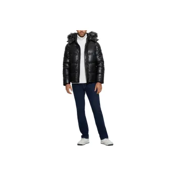 GUESS Faux-Leather Hooded Puffer Jacket Jackets Coats Men's Black