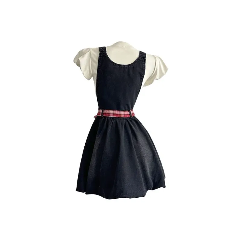 HUINIAN Skirt Set Women's White T Shirt+Black Floral Skirt Set-1