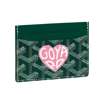 GOYARD Canvas With Calfskin Card Clip Card Holder Unisex Green With Pink And Red Small Heart