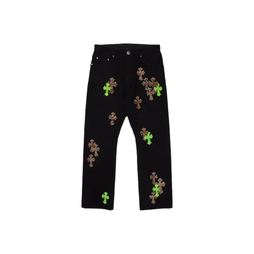 Chrome Hearts Green & Leopard Cross Patch Jeans
