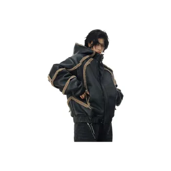 0-CROWORLD Leather Jacket Men's Black