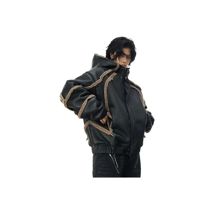0-CROWORLD Leather Jacket Men's Black-0