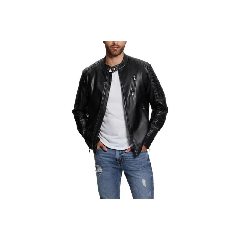 GUESS Faux Leather Biker Jacket Jackets Coats Men's Black-0