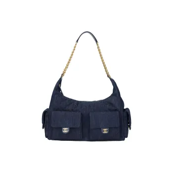 CHANEL Leather Shoulder Bag Women's Denim Blue