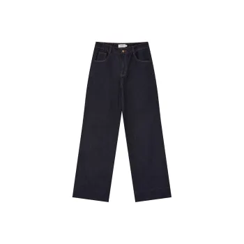 WULISHAONIAN Patchwork Flared Jeans Straight Fit Unisex Dark Blue