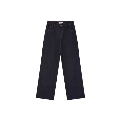 WULISHAONIAN Patchwork Flared Jeans Straight Fit Unisex Dark Blue