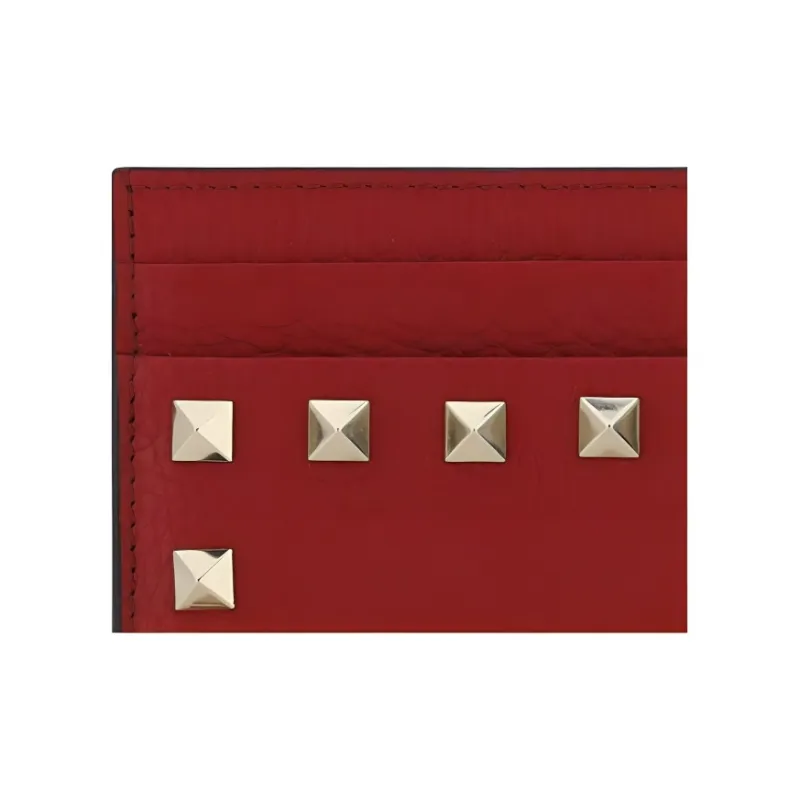 Valentino GARAVANI ROCKSTUD Calfskin Card Holder Women's Deep Red-3