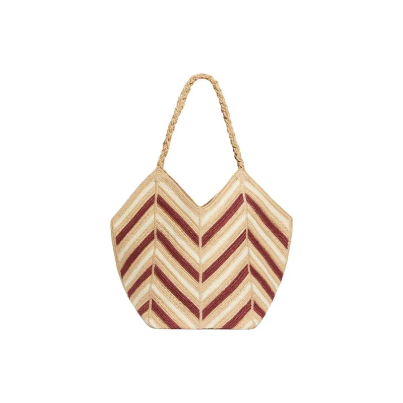 Vanessa Bruno Jute Tote Bag, Shopping Bag, Shoulder Bag Women's Burgundy & Beige-0