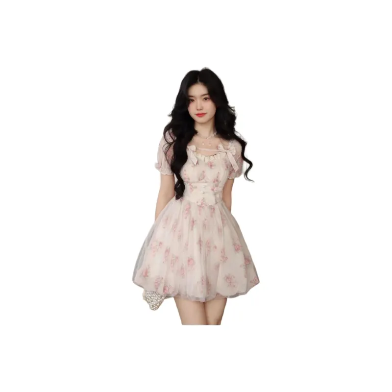 Mu Xiao Xin Short Sleeved Dress Women's Pink Floral-2