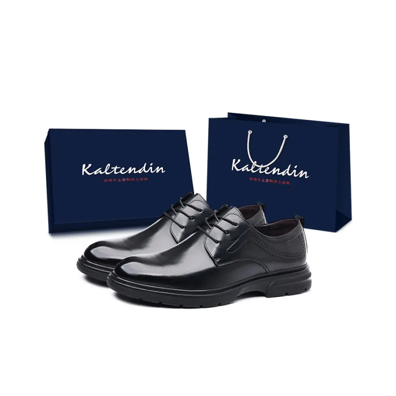 Kaltendin Top Grain Cow Leather Minimalist Style Lace Up Business Commute Vintage Casual Shoes Men's Black-0