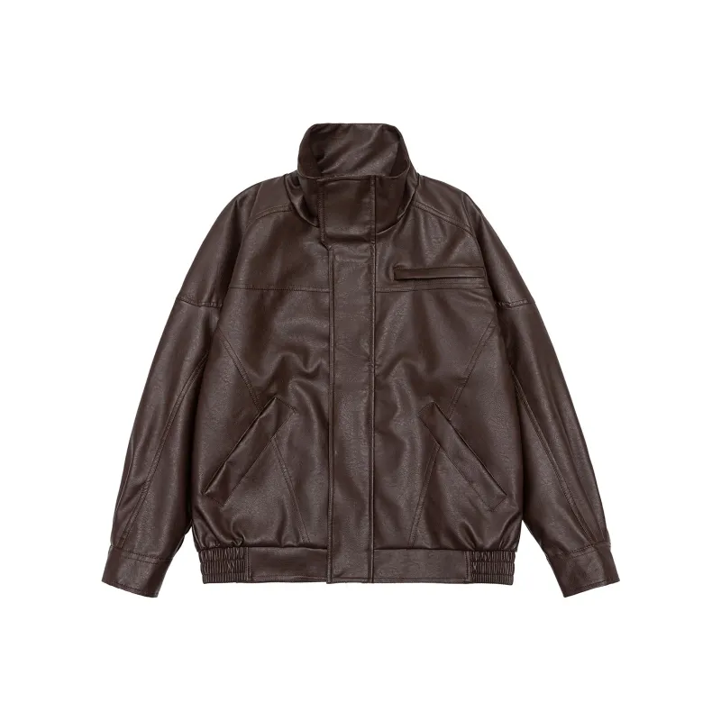 REFAMES Spring And Fall Leather Jacket Unisex Brown-0