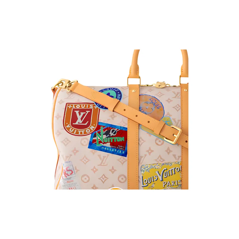 LOUIS VUITTON KeepallBandoulière Monogram Dune Fabric One Shoulder Crossbody Bag, Travel Bag Unisex Beige-4