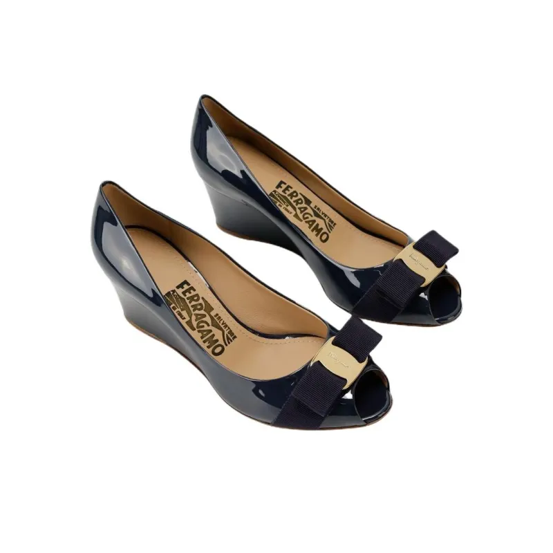 FERRAGAMO Wedge Heel High Heels Women's Dark Blue-2