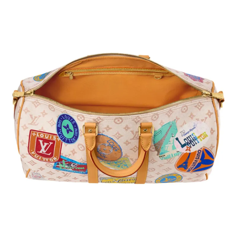 LOUIS VUITTON KeepallBandoulière Monogram Dune Fabric One Shoulder Crossbody Bag, Travel Bag Unisex Beige-3