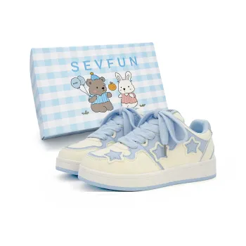 7 SEVFUN Low Top Skateboard Shoes Women's Yellow Blue Stars Box