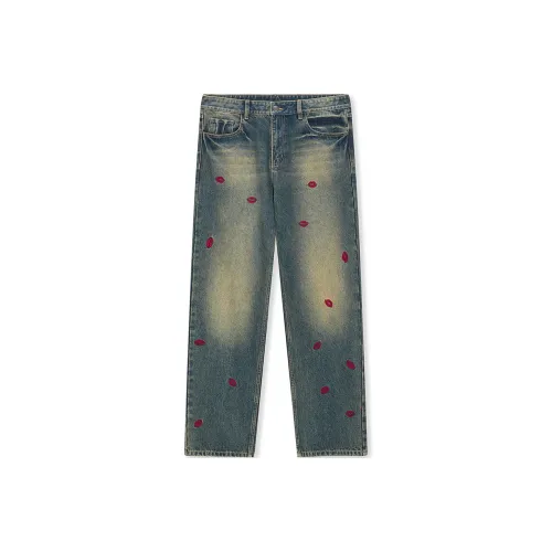 DICETINY Lipstick Embroidery Washed Jeans