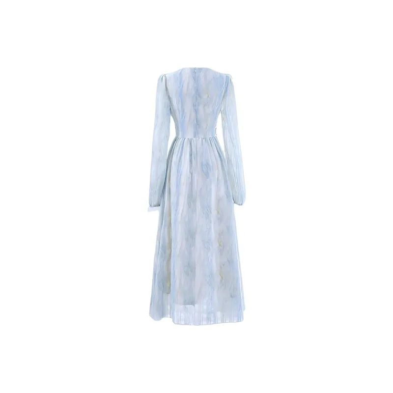GUOZHEN Long Sleeved Dress Women's Water Wave Blue-1