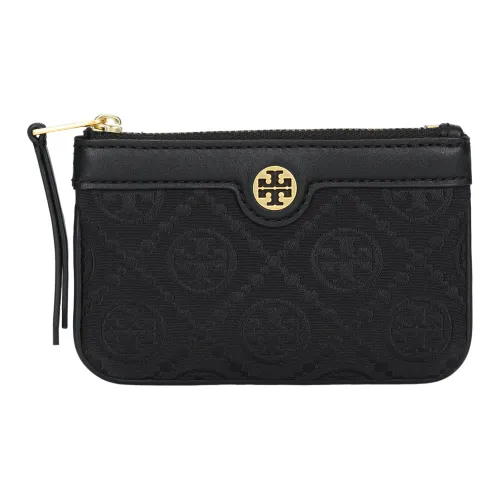 TORY BURCH T Monogram Jacquard Nappa Leather Trim Coin Purse Wallet Regular Women's Black