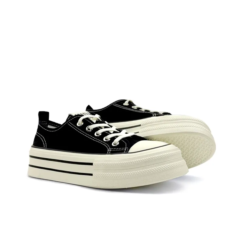 Mengsai Anti Slip Wear Resistant Low Top Canvas Shoes Women's Black With White Stitching-5
