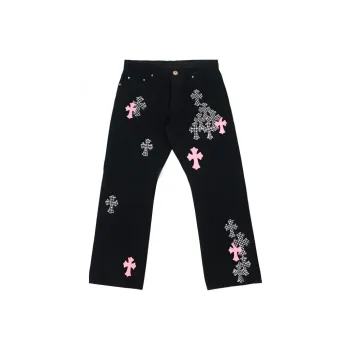 Chrome Hearts Pink & Checkered Cross Patch Fleurknee Jeans