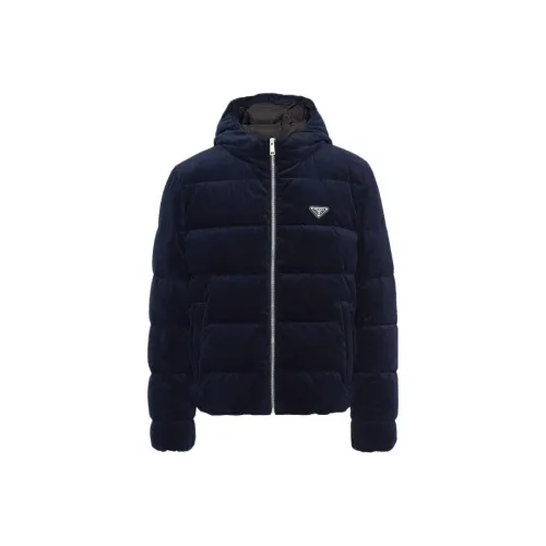 PRADA SS24 Cropped Corduroy Down Jacket Jackets Coats Men's Blue