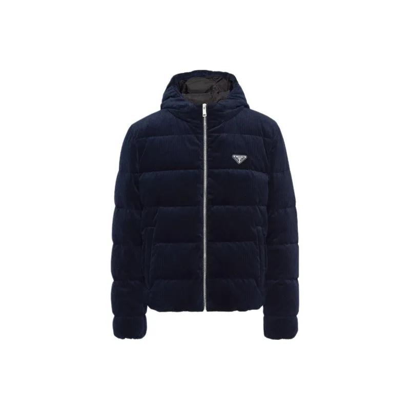 PRADA SS24 Cropped Corduroy Down Jacket Jackets Coats Men's Blue-0