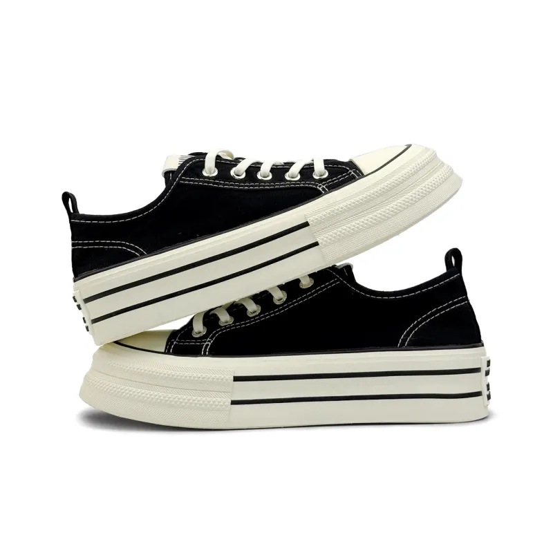 Mengsai Anti Slip Wear Resistant Low Top Canvas Shoes Women's Black With White Stitching-2