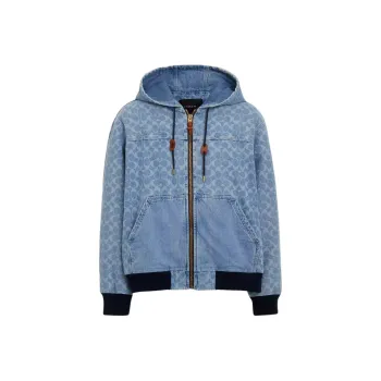 COACH Signature Denim Hooded Zip Up Jacket Jackets Coats Men's Blue