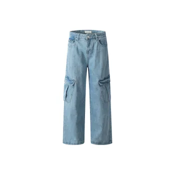 WLNEXT Multi Pocket Loose Fit Straight Fit Jeans For Couples Unisex Blue