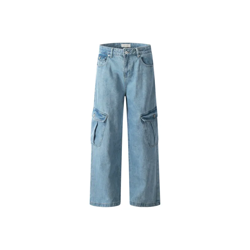 WLNEXT Multi Pocket Loose Fit Straight Fit Jeans For Couples Unisex Blue-0