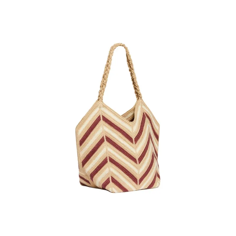 Vanessa Bruno Jute Tote Bag, Shopping Bag, Shoulder Bag Women's Burgundy & Beige-1