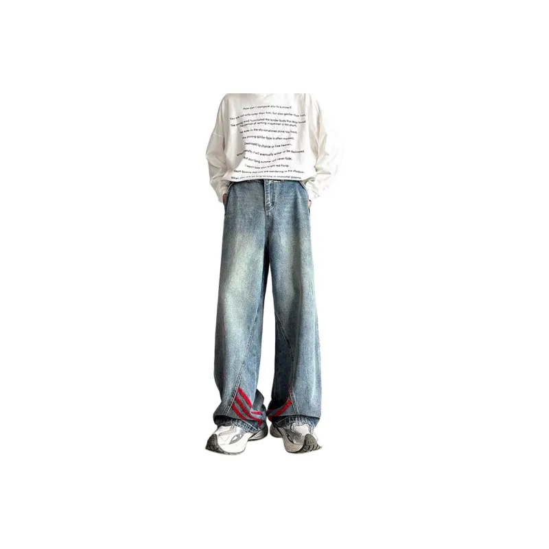 IJRJ Jeans Unisex Red Stripes Patchwork Blue-0