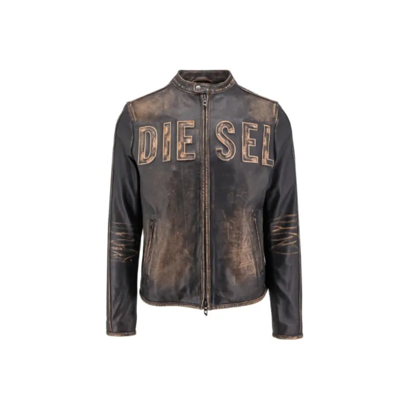 DIESEL Logo Debossed Leather Jacket-0