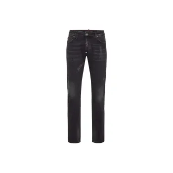 PHILIPP PLEIN Mid Rise Distressed Straight Leg Jeans