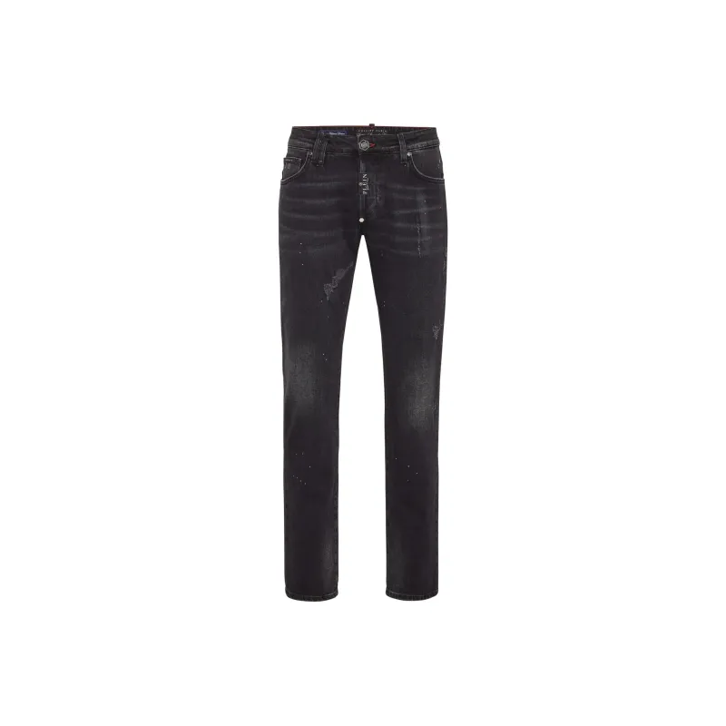 PHILIPP PLEIN Mid Rise Distressed Straight Leg Jeans-0