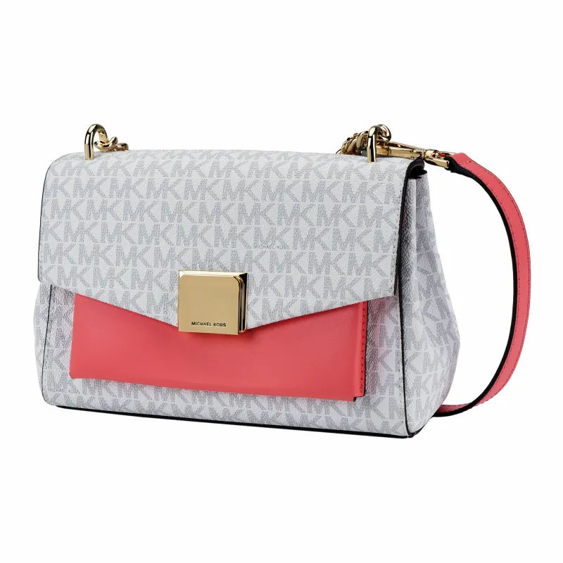 MICHAEL KORS Lita Canvas Shoulder Bag, Crossbody Bag Medium Size Women's White Rose Red-1
