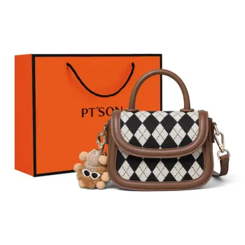 PT'SON Fabric, Synthetic Leather Shoulder Bag, Crossbody Bag, Handbag Small Size Women's Diamond Pattern Coffee Plaid