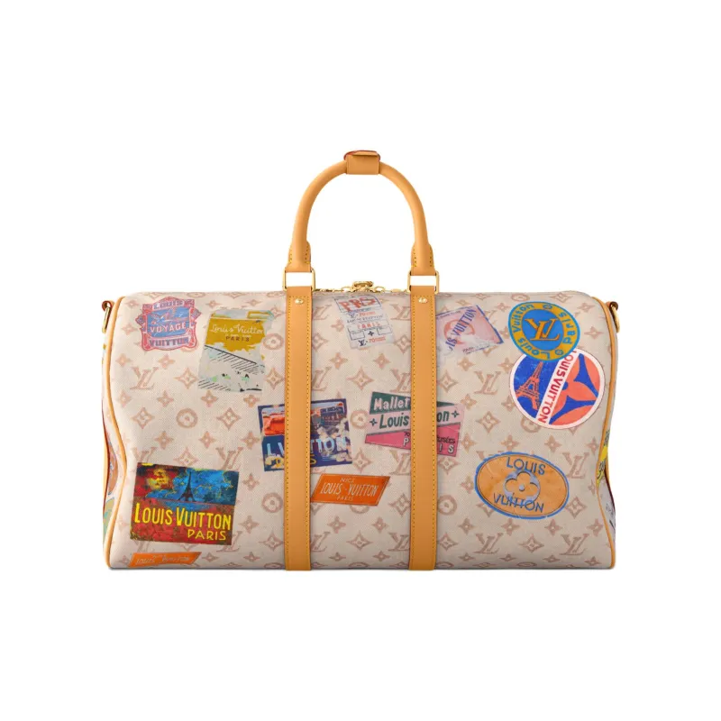 LOUIS VUITTON KeepallBandoulière Monogram Dune Fabric One Shoulder Crossbody Bag, Travel Bag Unisex Beige-2