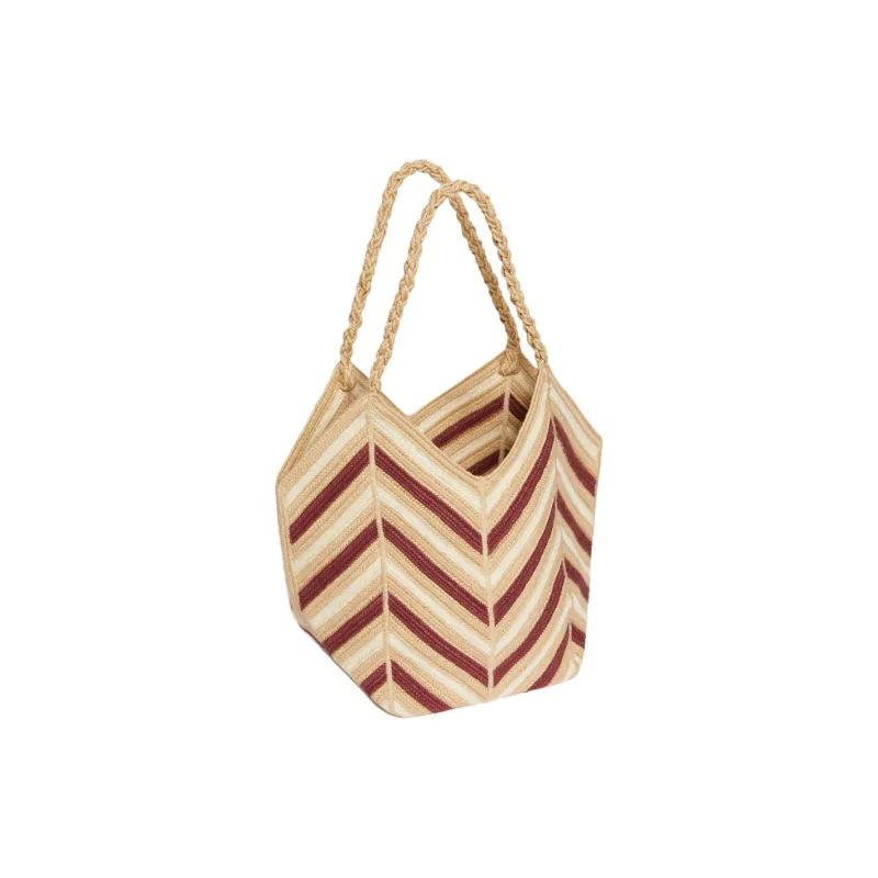 Vanessa Bruno Jute Tote Bag, Shopping Bag, Shoulder Bag Women's Burgundy & Beige-2