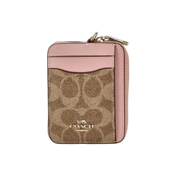 COACH Card Case Coated Canvas Card Holder Mini Women's Tan & Pink