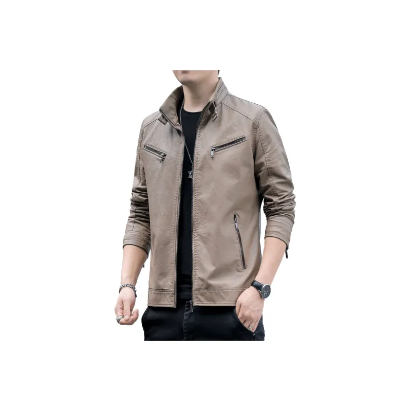 PIERRE CARDIN Stand Collar Leather Jacket Unisex-22
