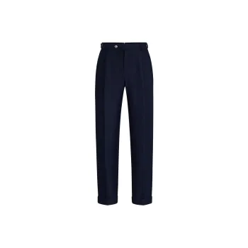 HUGO BOSS Relaxed Fit Trousers In Herringbone Virgin Wool And Linen Casual Pants Men's Dark Blue