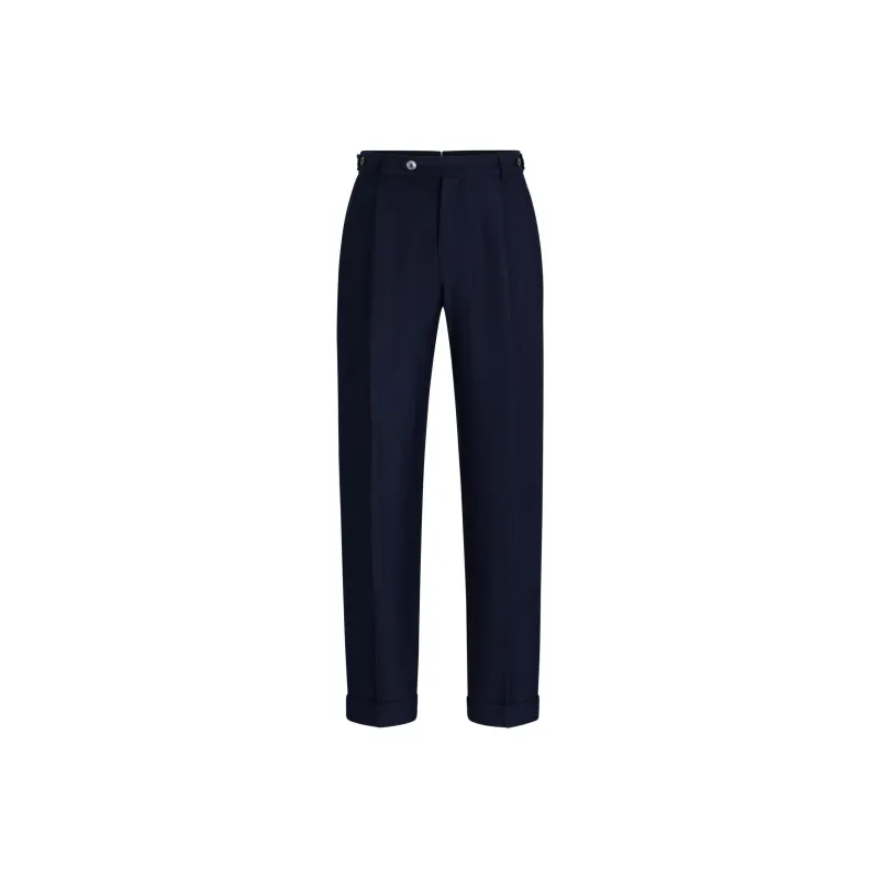 HUGO BOSS Relaxed Fit Trousers In Herringbone Virgin Wool And Linen Casual Pants Men's Dark Blue-0