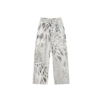 WULISHAONIAN Plush Leopard Print Digital Print Jeans Unisex White Coffee Color