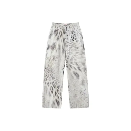 WULISHAONIAN Plush Leopard Print Digital Print Jeans Unisex White Coffee Color