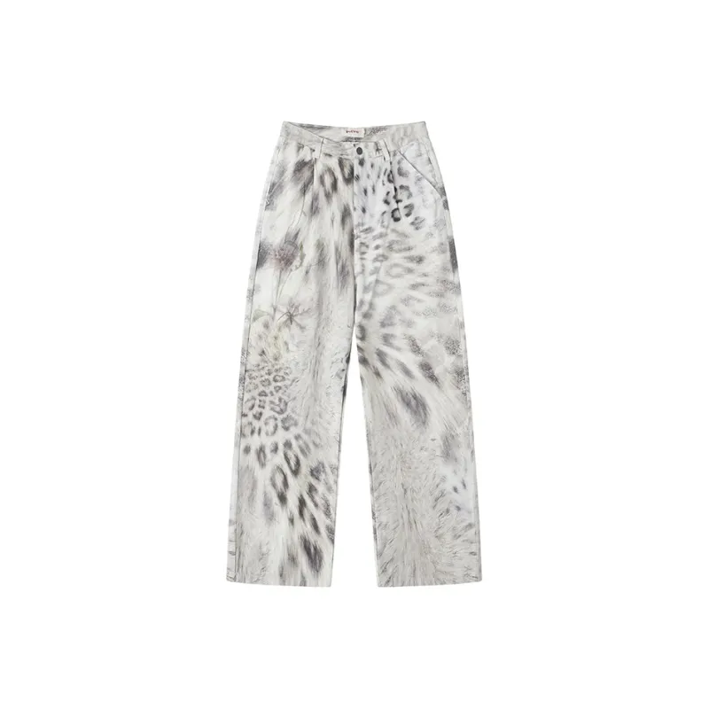 WULISHAONIAN Plush Leopard Print Digital Print Jeans Unisex White Coffee Color-0