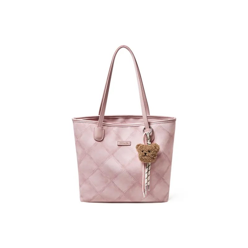 15 MINS Synthetic Leather Tote Bag, Shopping Bag, Shoulder Bag Large Size Women's Pink-4