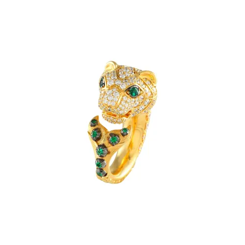 GUCCI 18K Yellow Gold Tiger Diamond And Tsavorite Ring