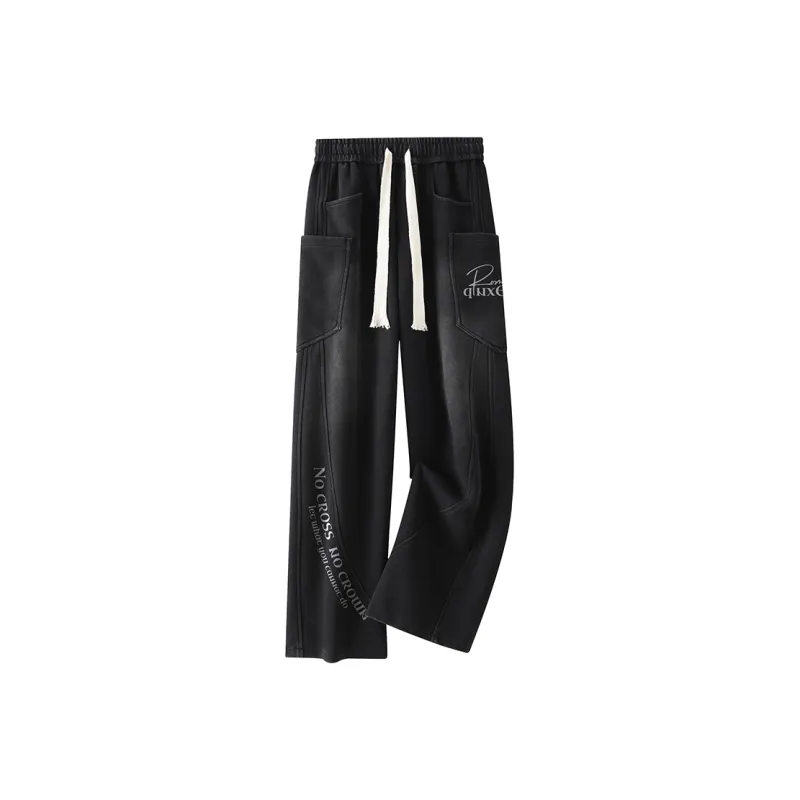 Qnxeey Knitted Sports Pants Unisex Washed Black-0